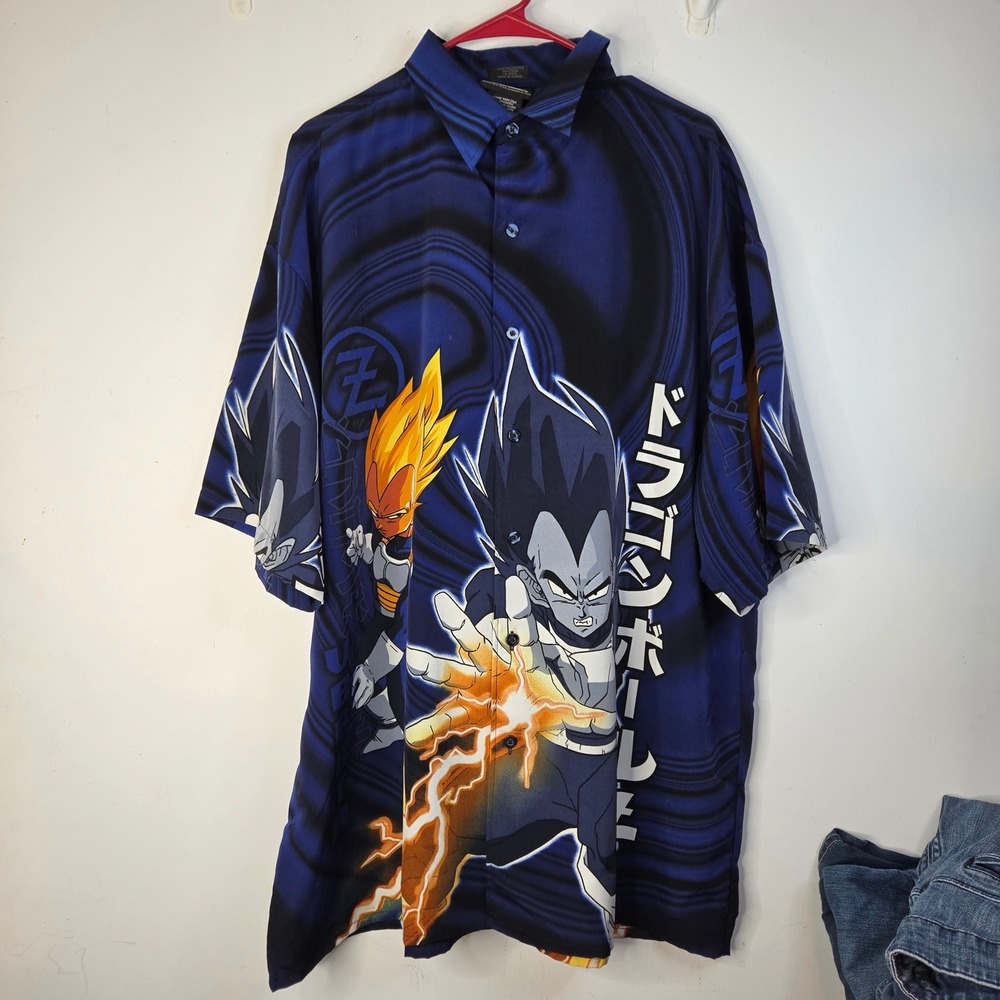 Vintage 2001 Dragon Ball Z Vegeta All Over Print Button Down Shirt Blue 2XL